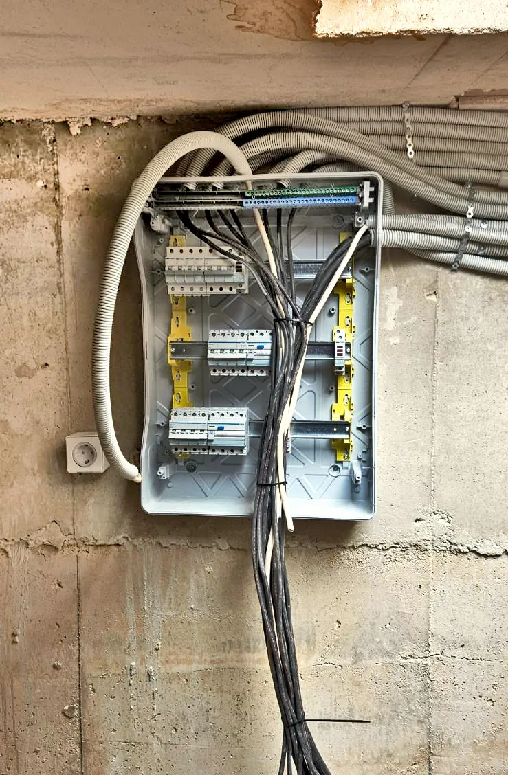Ανοικτός ηλεκτρικός πίνακας με διακόπτες, καλώδια και σωληνώσεις σε χώρο υπό εργασίες
